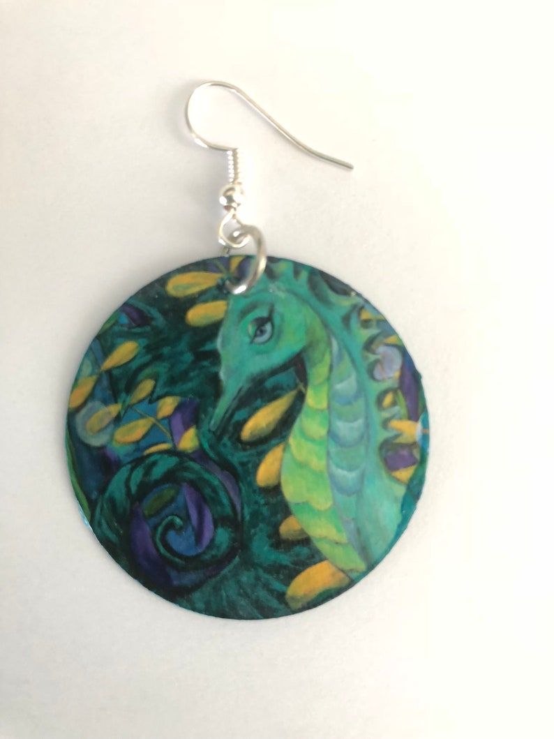 Seahorse Earrings, Seahorse jewelry, Seahorse painting, seahorse print, beach earrings, beach jewelry, nautical jewelry, nautical earrings image 5
