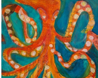 Orange Octopus Art Print, Whimsical Nautical Wall Art, Limited Edition