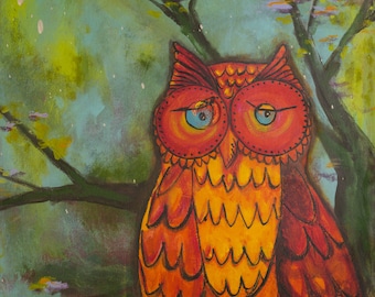 May include: A red and orange owl with blue eyes is perched on a branch of a tree. The owl is painted in a whimsical style with a textured background.