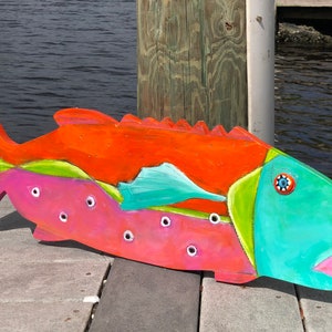 painted wooden fish, wooden fish, painted fish, fishing, grouper,  fish art, fish painting, beach wall hanging, beach art, island art, fish