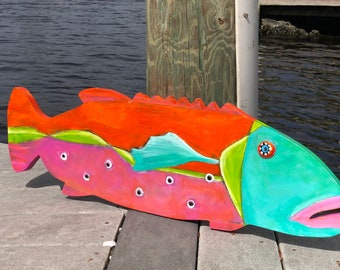Painted Wooden Grouper Fish Wall Art: Coastal Beach Decor
