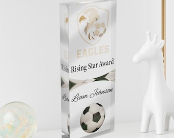 Può includere: Un premio di calcio in acrilico trasparente con testo dorato e grafica di pallone da calcio. Il premio recita "EAGLES Rising Star Award" e include il nome "Liam Johnson". Sono visibili anche una statuina di giraffa bianca e una palla di vetro decorativa.