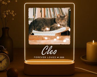 Personalized Cat Memorial Light: Photo Keepsake with Wooden LED Base