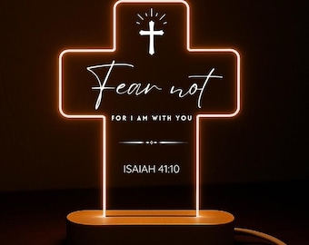 Christian Cross LED Light | Bible Verse Night Light | Fear Not Isaiah 41:10 | Religious Gift for Pastor | Christian Home Decor