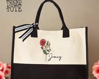 Birthflower Name Canvas Tote Bag For Women, Trendy Cute Birthflowers Tote Bags, Bridal Party Gift Tote Canvas Bag,Valentine&#39;s Day Gift Totes