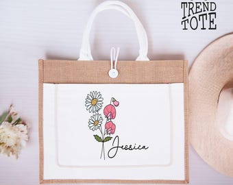 Customizable With Your Unique Birth Month Flower Jute And Canvas Totes, Mother&#39;s Day Gift, Great For Daily Use Canvas Jute Bag,Grocery Totes