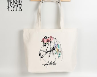 Custom Horse Head Colorful Canvas Tote, Horse Lover Gifts Name Colorful Canvas Totes, Horse Lovers Shoulder Colorful Canvas Tote, Horse Head