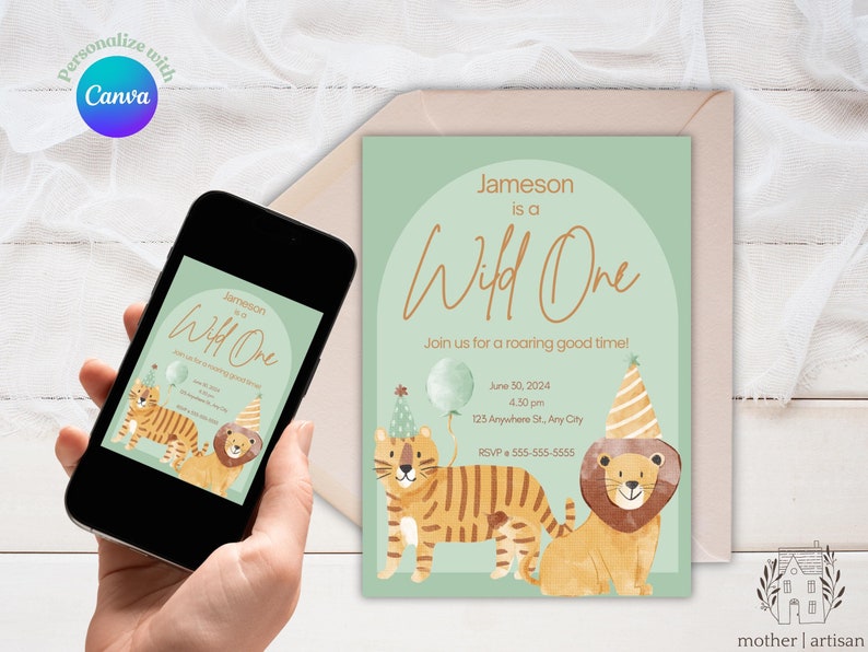 Wild One Birthday Invitation Digital Download Editable Template