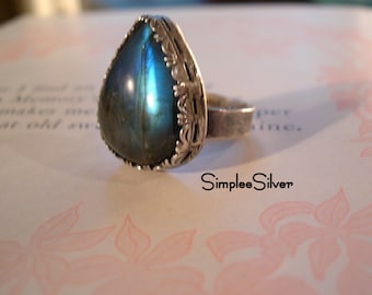 Artisan Jewelry  -  Handmade Ring  -  Statement Ring  -  Labradorite Ring  -  Blue Gemstone Ring  -  Boho Ring  -  Rustic Ring  -  Silver