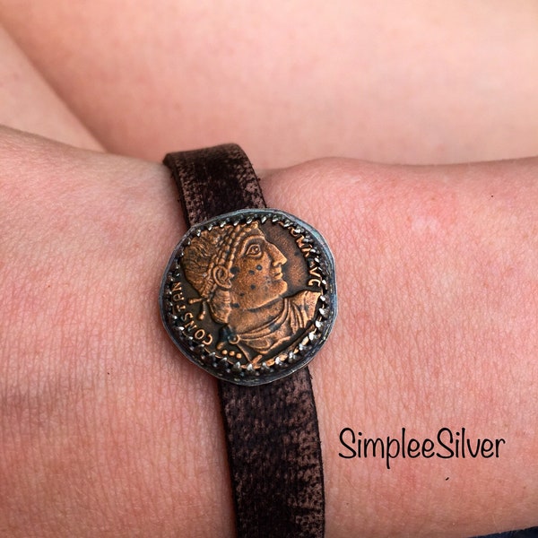 Authentic Ancient Roman Coin Bracelet  -  Leather Bracelet  -  Rustic Bracelet  -  Handmade Jewelry  -  Boho Bracelet  -  SimpleeSilver