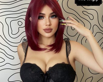 Perruque droite bordeaux : cheveux synthétiques (18 pouces, résistants à la chaleur)