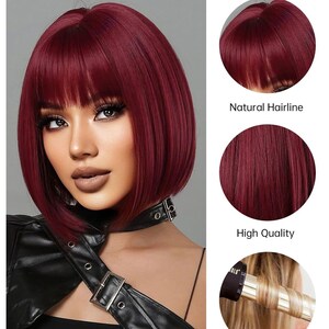 The image is a collage of three images featuring a woman with a vibrant red bob haircut. The first image shows the woman's face and upper body, the second image provides a close-up view of the hair, and the third image shows the hair after it has been curled. The collage highlights the woman's new favorite hairstyle and its features, such as the high quality, easy to maintain, and voluminous look.