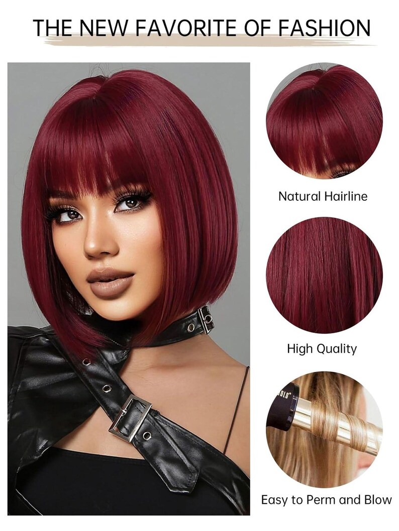The image is a collage of three images featuring a woman with a vibrant red bob haircut. The first image shows the woman's face and upper body, the second image provides a close-up view of the hair, and the third image shows the hair after it has been curled. The collage highlights the woman's new favorite hairstyle and its features, such as the high quality, easy to maintain, and voluminous look.