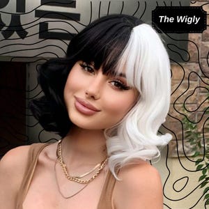 Short Two-Tone Wig: Black and White Waves (Synthetic, Cosplay)
