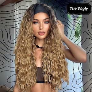 Curly Brown Blonde Wig with Headband (30 Inch, Long Waves)