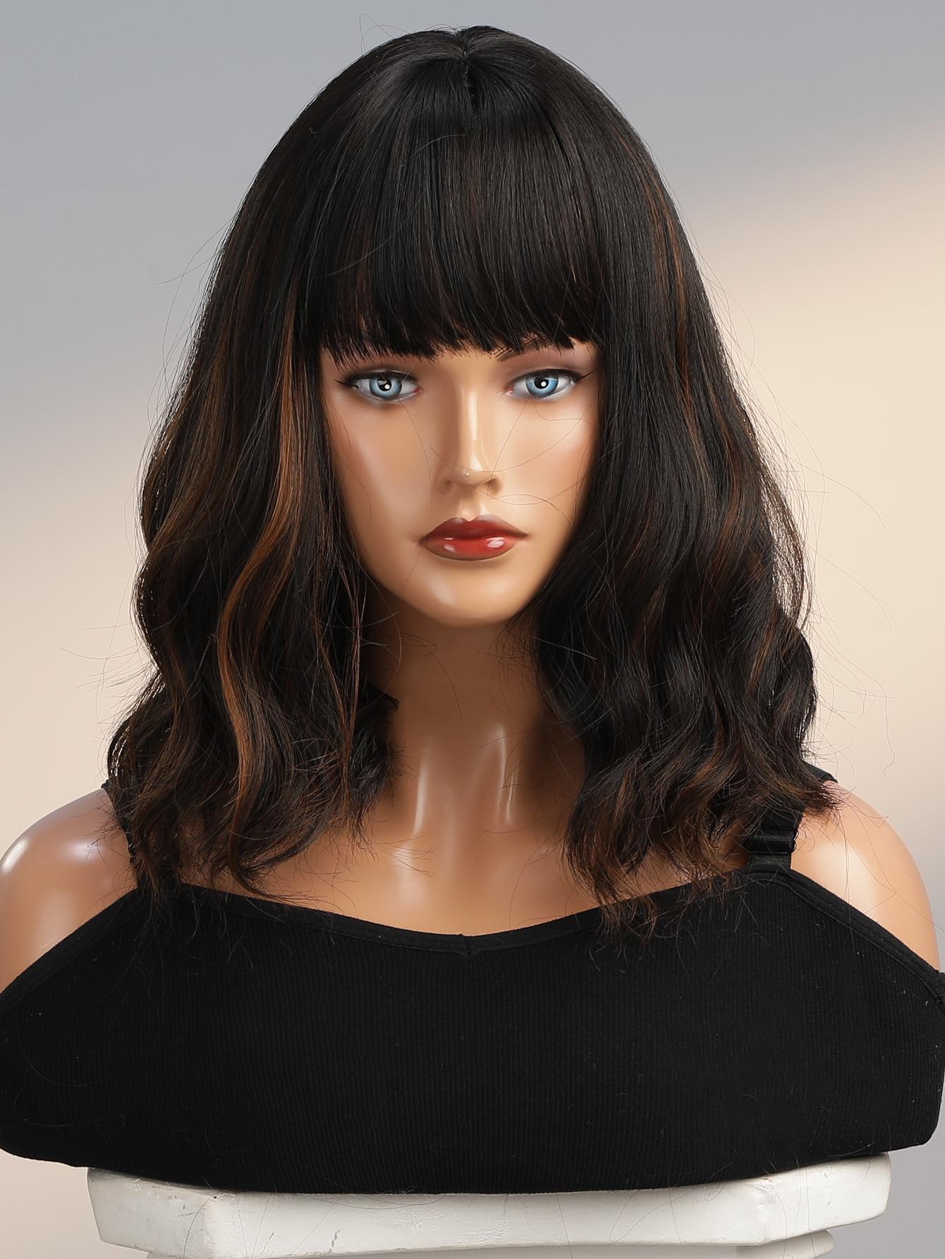 14 Inch Short Curly Wavy Wigs With Bangs, Brown and Red 