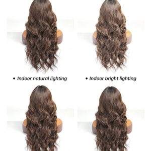 The image is a collage of four images showing the effect of different lighting conditions on the appearance of long, wavy brown hair.
