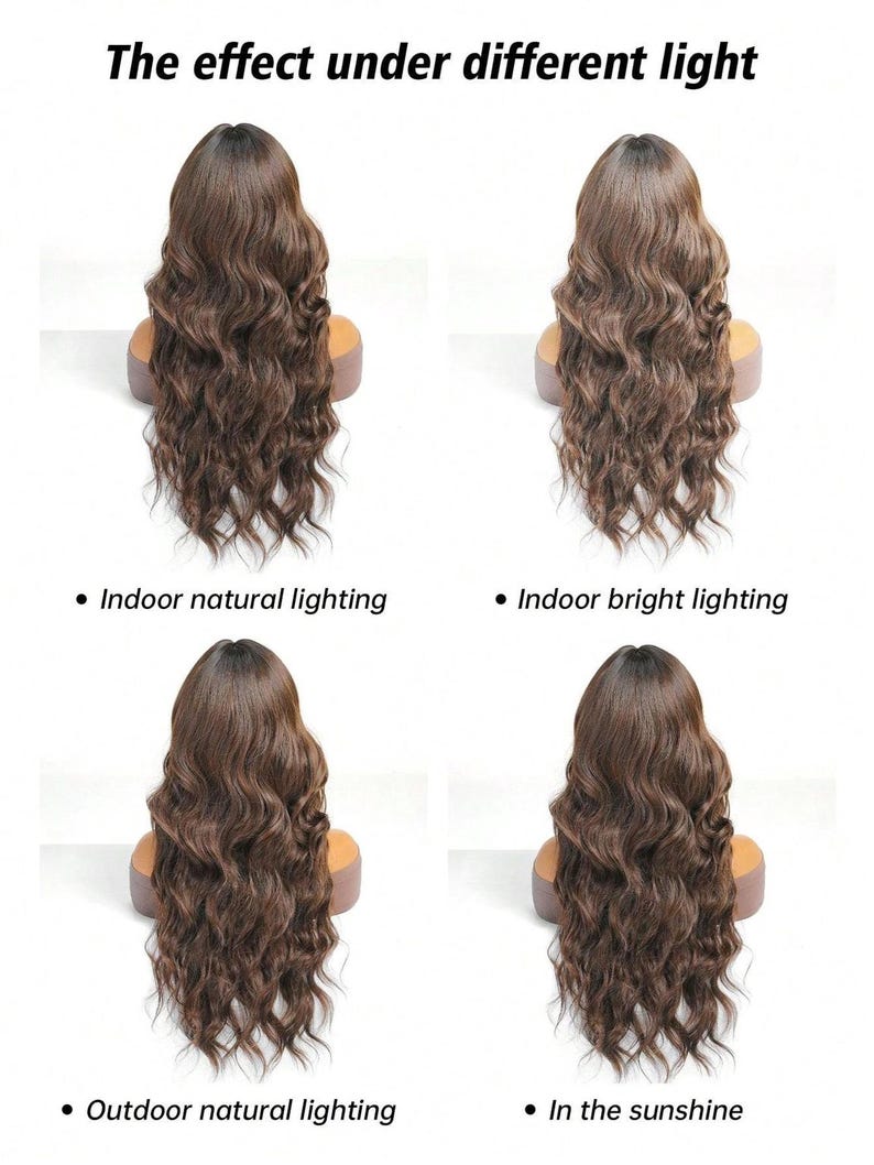 The image is a collage of four images showing the effect of different lighting conditions on the appearance of long, wavy brown hair.