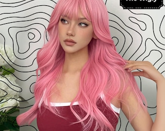 Peluca larga rosa ondulada: sintética de 61 cm para cosplay y uso diario.