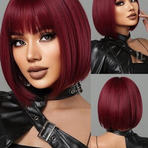 A collage of three images featuring a woman with vibrant red hair styled in a bob cut. She is wearing a black leather jacket and has a serious expression on her face.