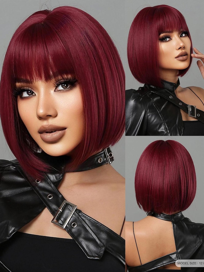 A collage of three images featuring a woman with vibrant red hair styled in a bob cut. She is wearing a black leather jacket and has a serious expression on her face.