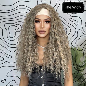 カーリーブロンドのレースフロントウィッグ、26インチのカーリーヘアヘアバンドウィッグ、ウェーブグレーウィッグ、合成ロングカーリーヘアウィッグ、ハロウィンウィッグ、女性用ウィッグ