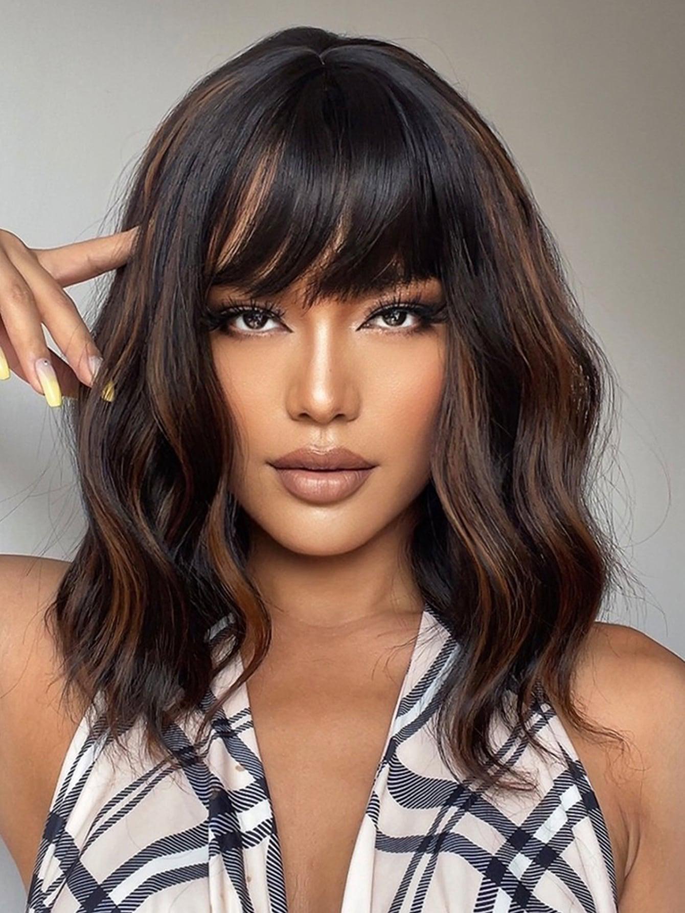 14 Inch Short Curly Wavy Wigs With Bangs, Brown and Red  display picture 2