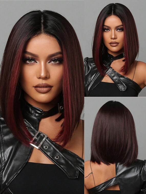 Bob wig Red burgundy wig ombré black side part 14 inches 14-inch Red Ombre Wavy Bob Wig | Small Lace Front Dark Root  main image 4