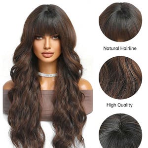 a woman with long, wavy brown hair wearing a wig. The image showcases the new favorite of fashion, highlighting the wig's natural hairline, high quality, and hair seam details.