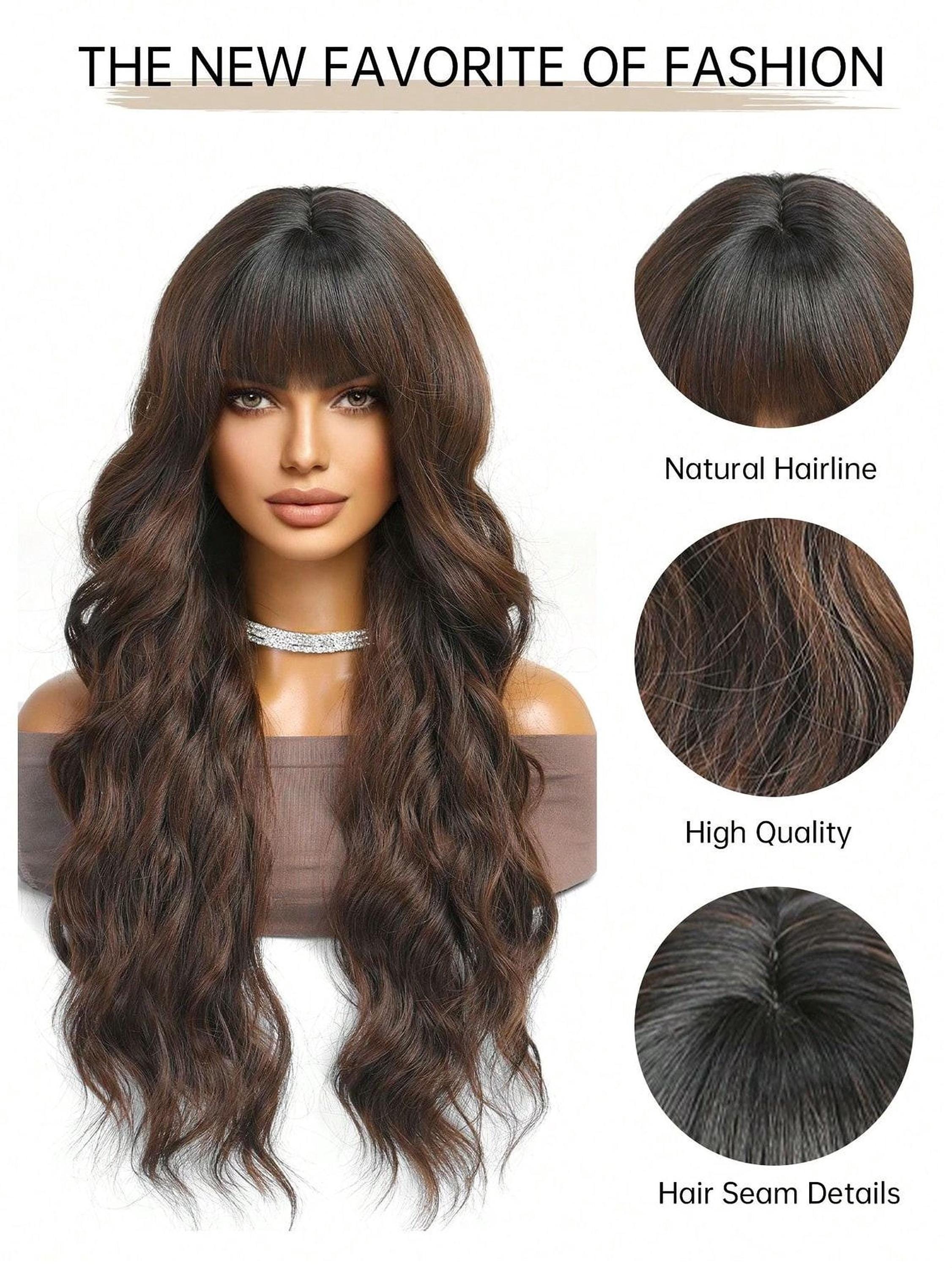 High Quality  BROWN long CURLY Wig w/ bangs 30 main image 3