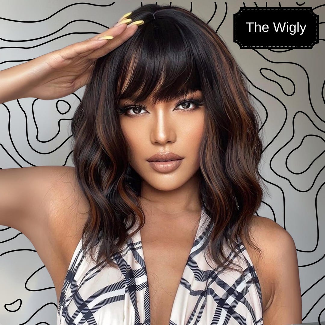 14 Inch Short Curly Wavy Wigs With Bangs, Brown and Red  display picture 3