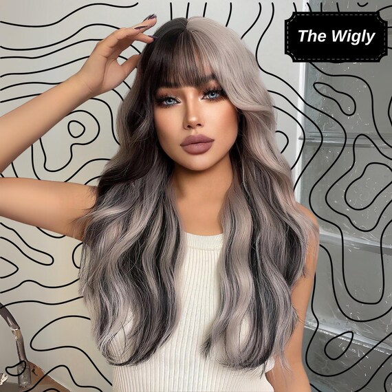 Ombre Black Gray Wig 28 inches Amazon.com : 7JHH WIGS Long Straight Grey Black Wig with  main image 2