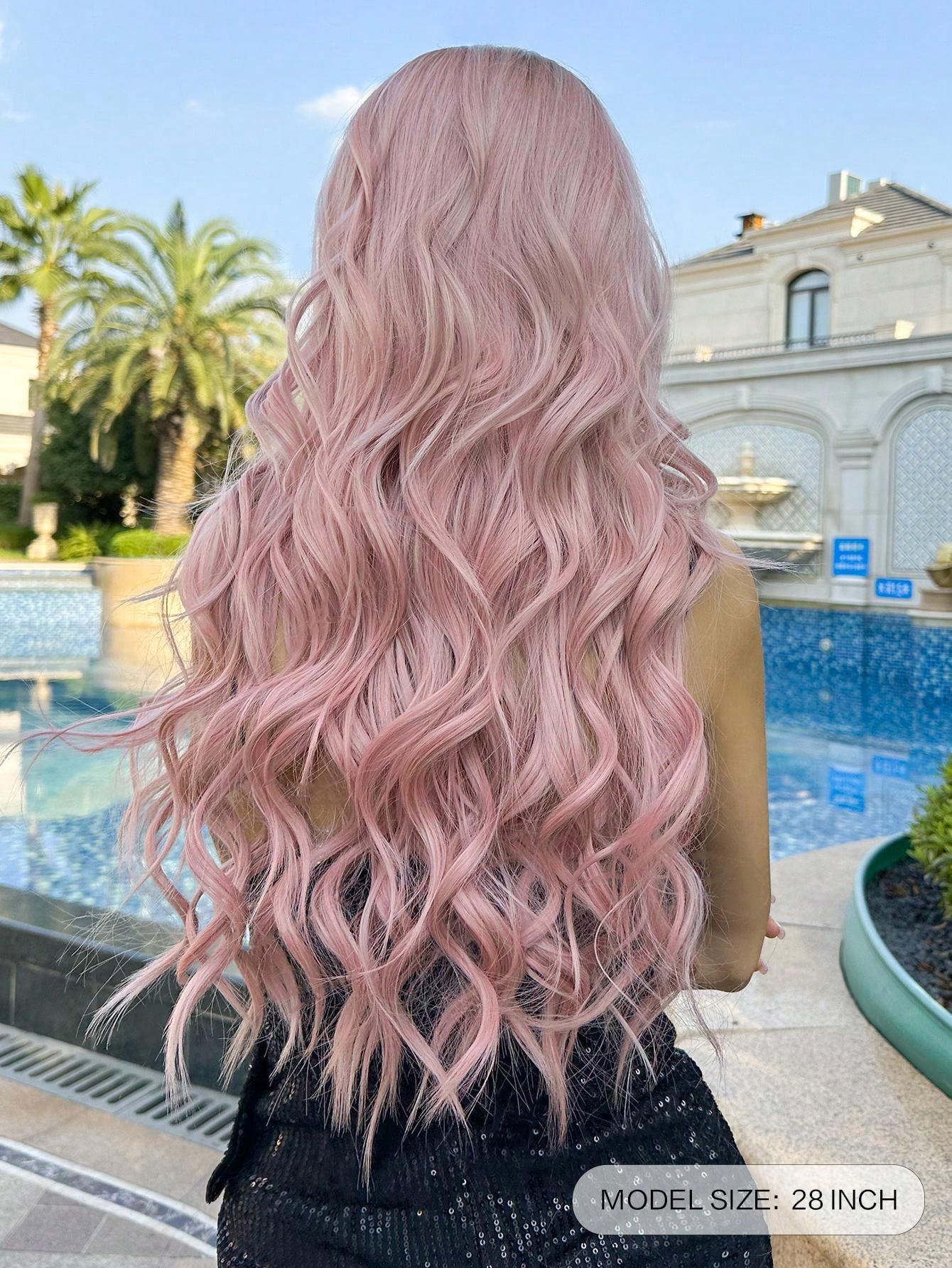 28 Inch Pink Water Wave Wigs, Pink Long Wig, Heat Resistant 