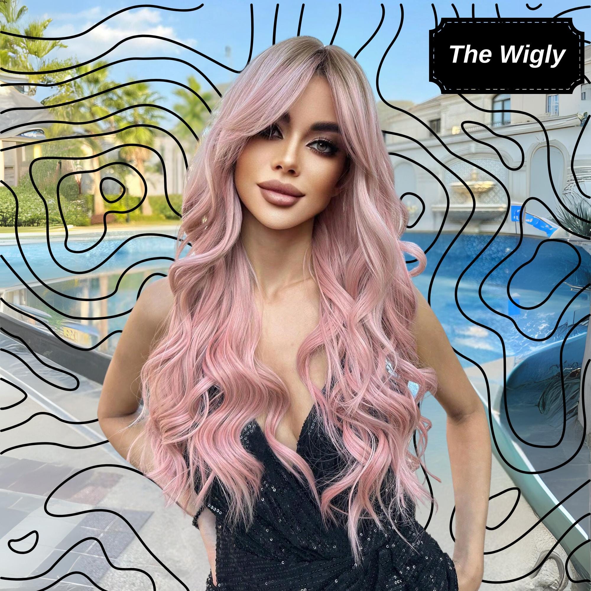 28 Inch Pink Water Wave Wigs, Pink Long Wig, Heat Resistant 