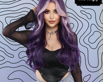 28 Inch Purple Ombre Wig - Long Wavy Synthetic Hair