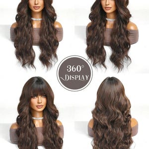 The image is a collage of four photos showcasing different styles of long, wavy brown hair wigs.