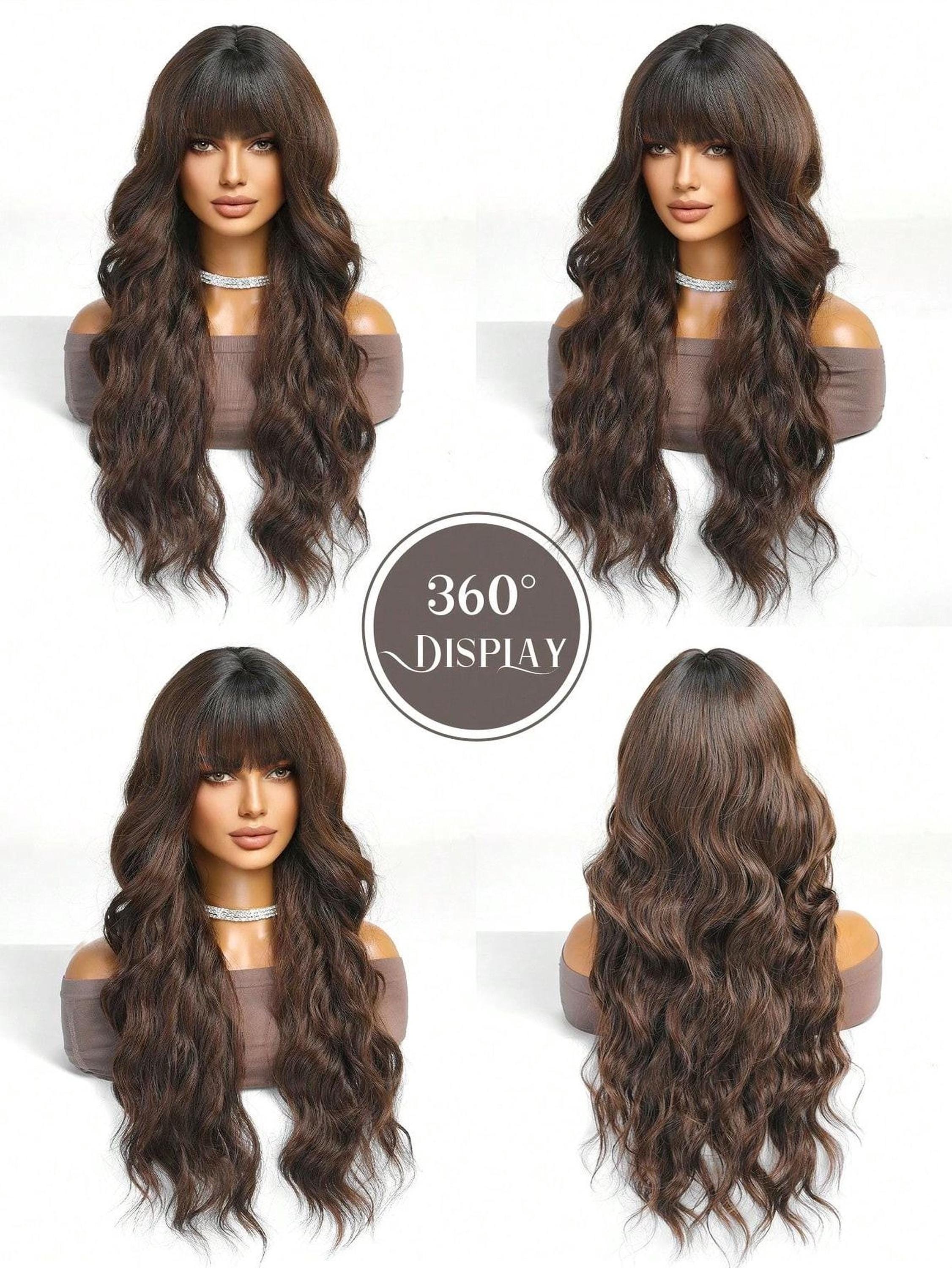 Women\'s Dark Brown2 Heat Resistant Long Curly Wavy Synthetic Wig Bang Size 26In FAELBATY Long Brown Curly Wave Wig with Bangs - 26 Synthetic  main image 2