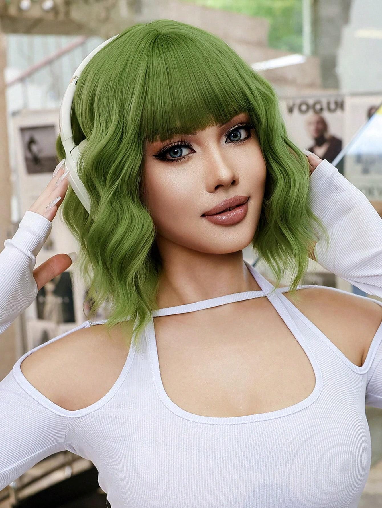 Short green wavy wig with bang Short Wavy Green Synthetic Wigs for Women Green Cosplay Hair  main image 4