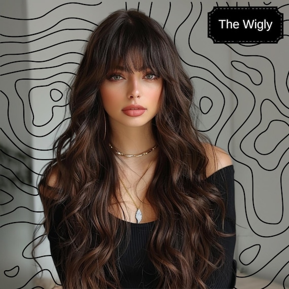 30" Long Brown Curly Wig with Bangs: Heat-Resistant Synthetic Hair