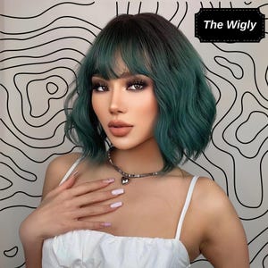 16 Inch Green Wigs, Short Wigs, Wavy Wigs, Woman Wigs, Green Hair, Woman Hair, Hair Wigs, Synthetic Wigs, Cosplay Wigs, Party Wigs, Wigs