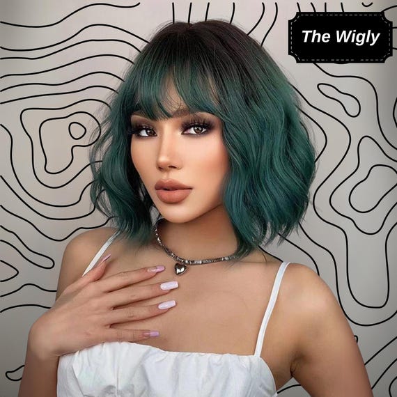 16 Inch Women Wigs, Green Short Wavy Hair Wigs With Bangs