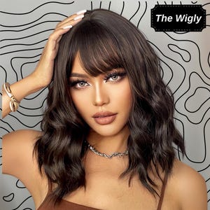 Cute Short Wig, Wig With Bangs, Woman Wig, Brown Wig Short Wavy, Dark Brown Synthetic Wig, Cosplay Daily Hair Wig, Halloween Wig