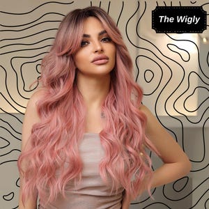26 Inch Butterfly Haircut Synthetic Wig, Pink Long Curly Wigs, Pink Wig, Long Wig, Ombre Wig, Long Pink Wig, Daily Cosplay Party Wigs
