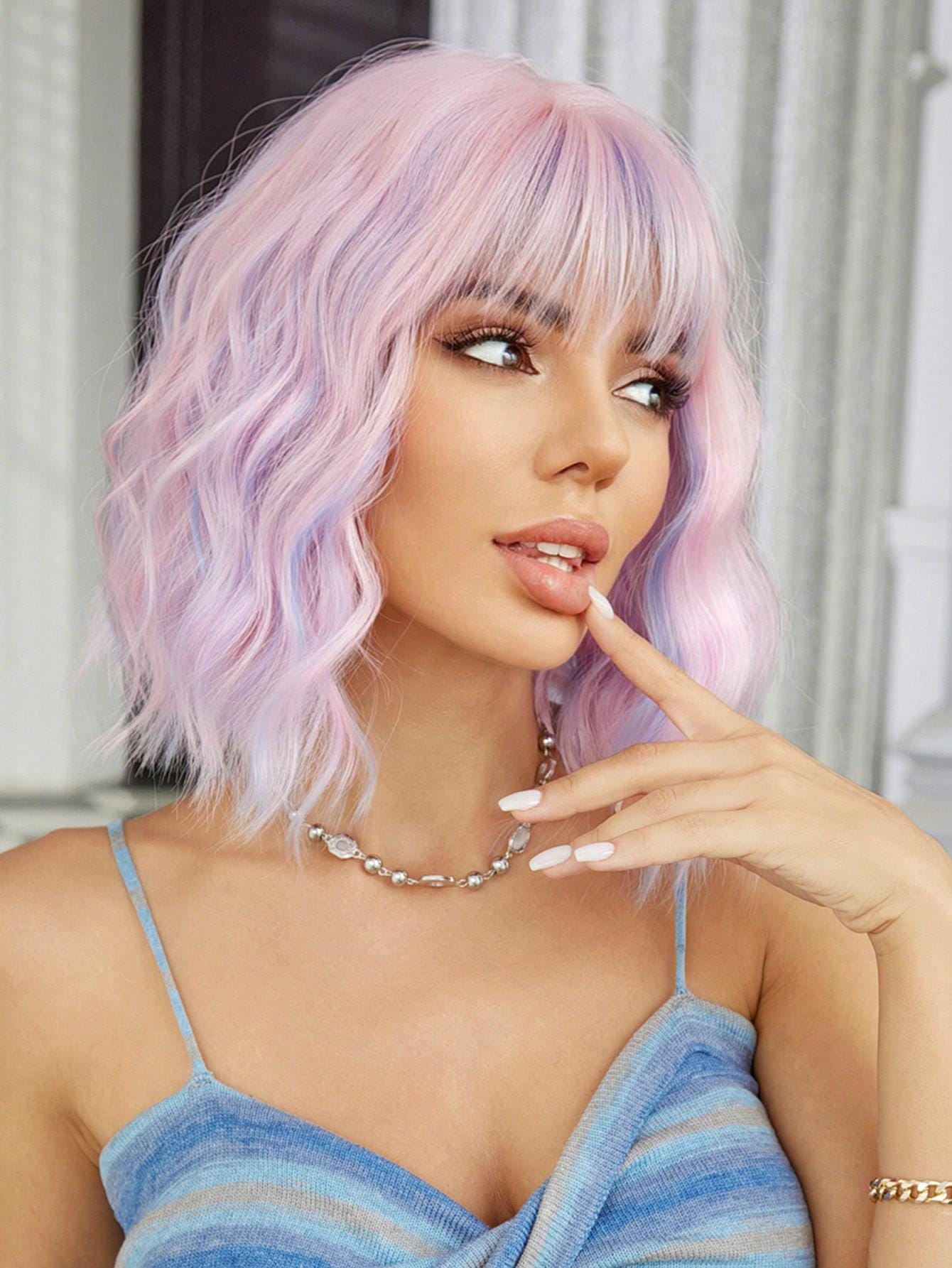 Bob Pink wig ombré side part 14 inches medium length HAIRRO Ombre Pink Black Wigs With Bangs Bob Wigs for Women  main image 3