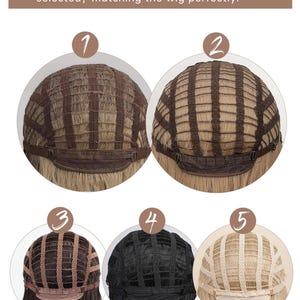 different wigs with varying colors and styles, along with the corresponding numbers 1, 2, 3, 4, and 5. The text above the images explains that the color of the inner net will be carefully selected, matching the wig perfectly.