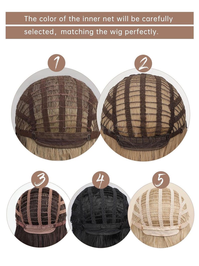 different wigs with varying colors and styles, along with the corresponding numbers 1, 2, 3, 4, and 5. The text above the images explains that the color of the inner net will be carefully selected, matching the wig perfectly.