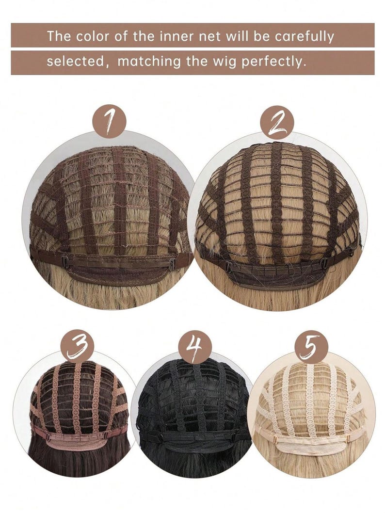 different wigs with varying colors and styles, along with the corresponding numbers 1, 2, 3, 4, and 5. The text above the images explains that the color of the inner net will be carefully selected, matching the wig perfectly.