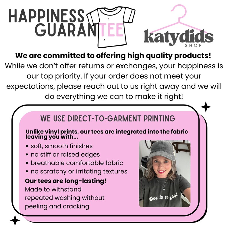K&ouml;nnte beinhalten: Wei&szlig;er Hintergrund mit Text und einer rosa Box. Der Text enth&auml;lt "HAPPINESS GUARANTEE" und "katydids shop". Die rosa Box beschreibt den Direktdruck auf Textilien und ein Foto.