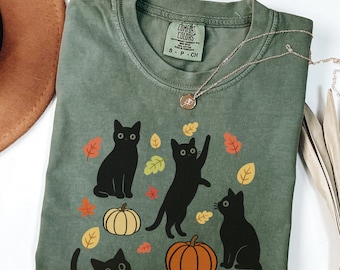 Comfort Colors Black Cat Halloween Shirt, Fall Pumpkin Cat Lover T-Shirt, Autumn Leaves Tee, Spooky Season Graphic Shirt, Cozy Cat Gift