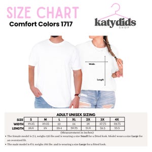 May include: A size chart for Comfort Colors 1717 t-shirts featuring a table with adult unisex sizing in inches. The chart lists widths and lengths for sizes S through 4X. Text includes SIZE CHART, Comfort Colors 1717, katydids SHOP, and ADULT UNISEX SIZING.
